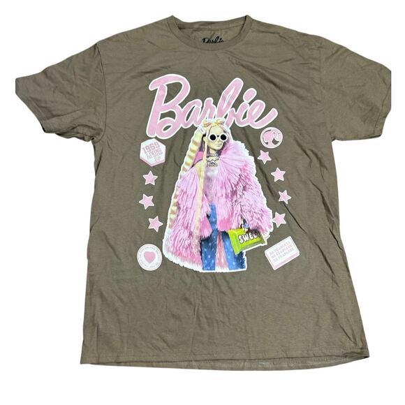 Barbie Women’s Large Graphic Tee – Brown T-Shirt Pink Retro Style Logo Mattel - Picture 1 of 5